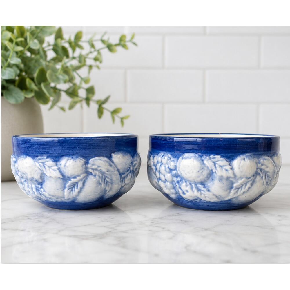 Casafina Bowls Portugal Hand Painted Blue White Majolica Embossed Fruit Set of 2